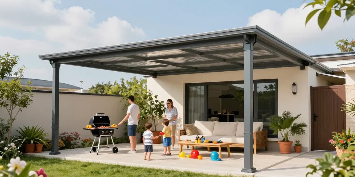 Moderne Terrassenüberdachung mit Familie bei Sonnenschein im Garten.