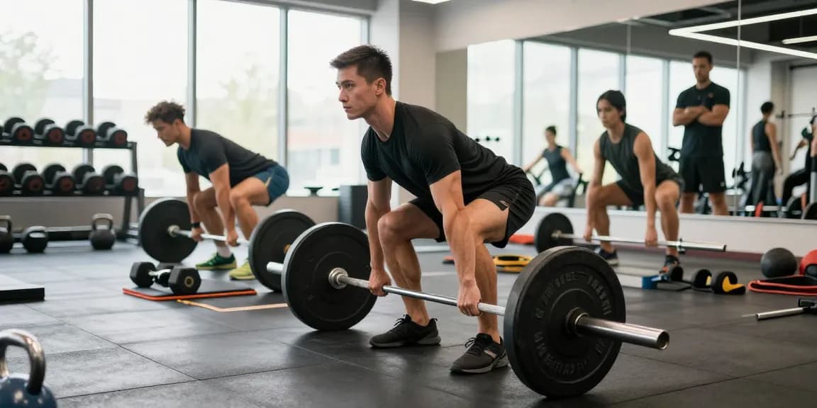 Besucher im Global Pharma Steroid Shop im Fitnessstudio beim Deadlift-Training.