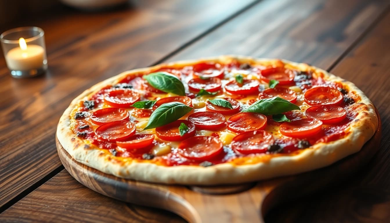 Entdecken Sie, wie diese köstliche Pizza mit frischen Zutaten belegt wird.