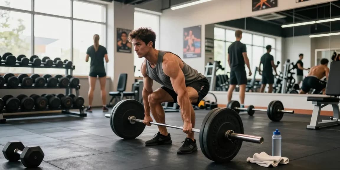 Im Utinon Steroids Shop sieht man Bodybuilder beim Training mit Hanteln und motivierenden Plakaten im Hintergrund.