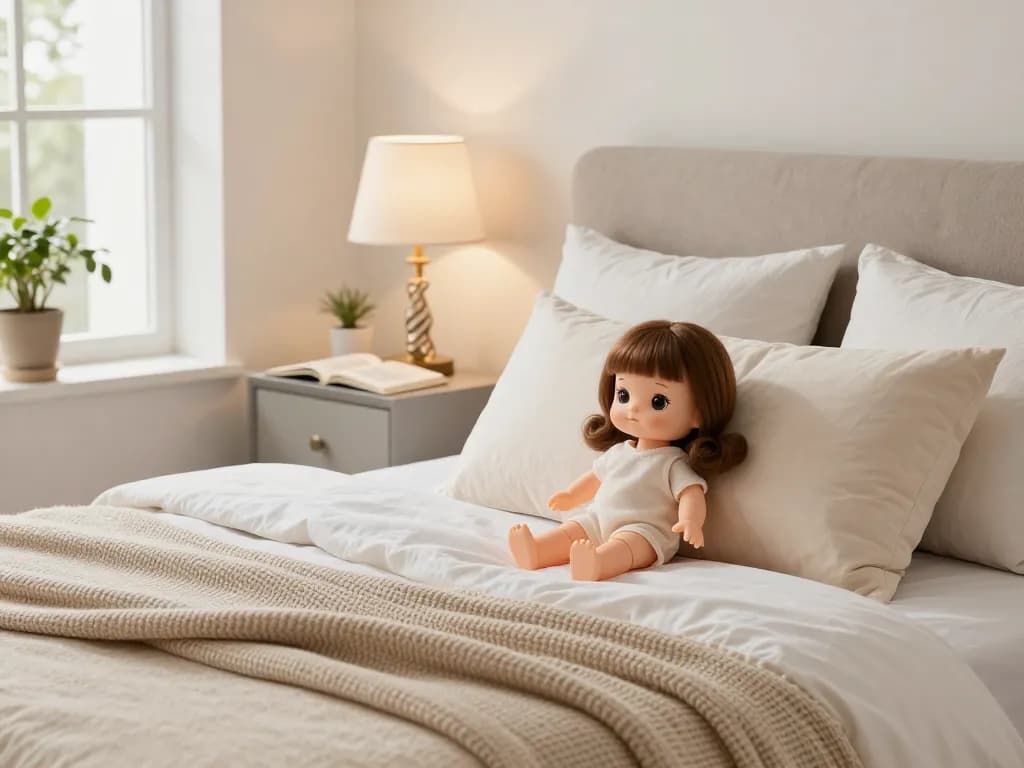 Elegantes Schlafzimmer mit einer sofort lieferbar Liebespuppe auf einem stilvollen Bett, das Komfort und modernen ästhetischen Reiz vermittelt.