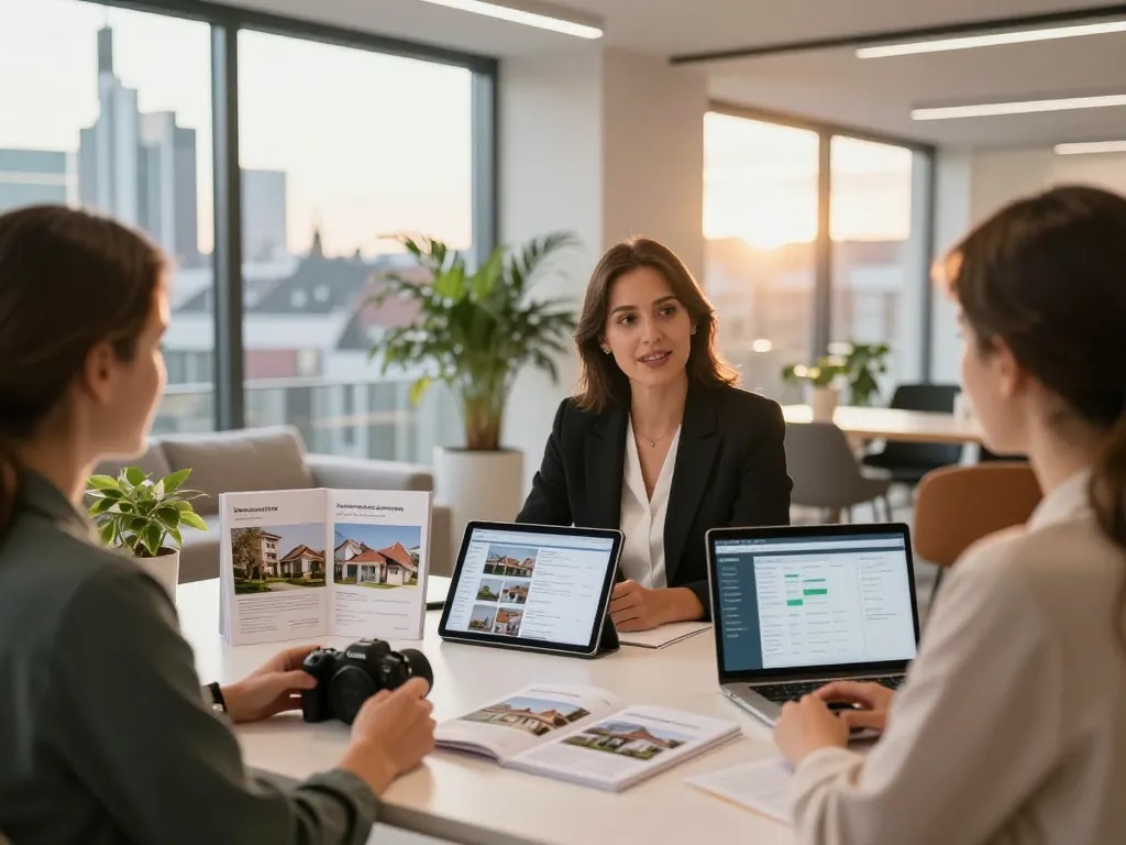 Immobilienmakler Frankfurt Preungesheim, der Kunden in einer modernen Immobilienbüroumgebung berät.