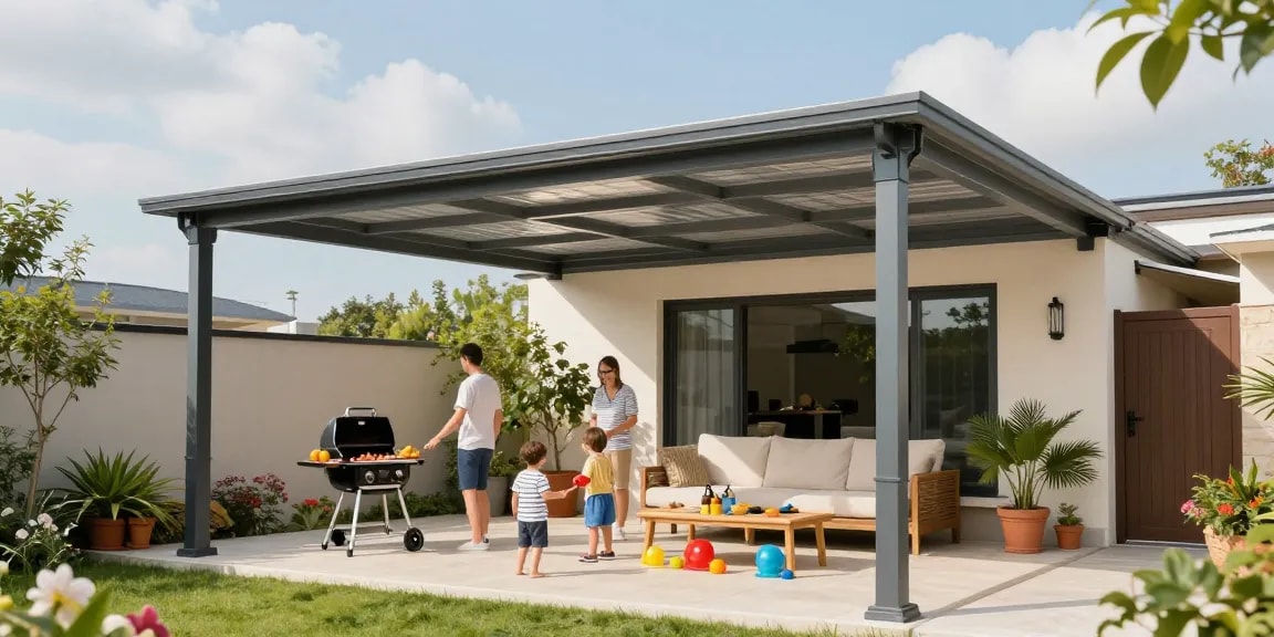 Moderne Terrassenüberdachung mit Familie bei Sonnenschein im Garten.