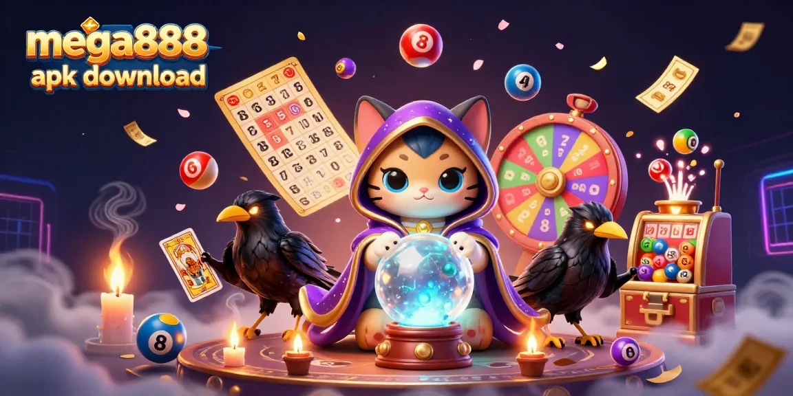 Experience thrilling wins with the mega888 apk download showcasing vibrant lottery elements and mystical characters.