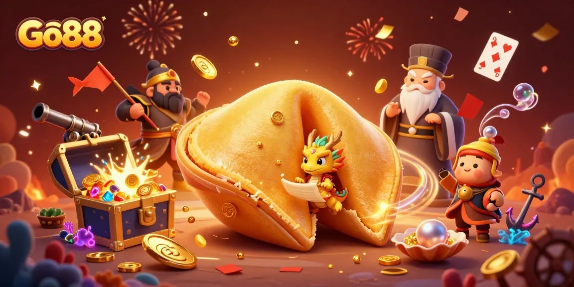 Experience thrilling gaming adventures with Go88, featuring a lucky fortune cookie and vibrant casino elements.
