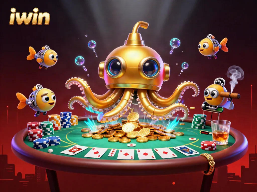 iwin casino themed illustration showcasing a golden kraken submarine amidst poker chips and vibrant colors.
