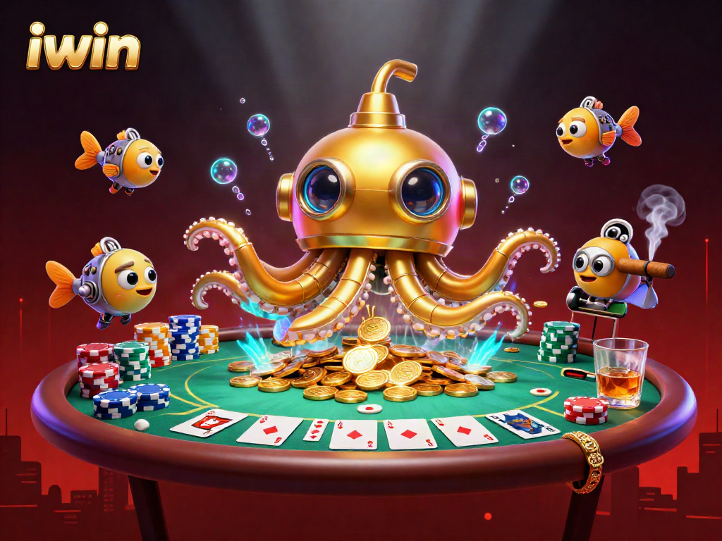 iwin casino themed illustration showcasing a golden kraken submarine amidst poker chips and vibrant colors.