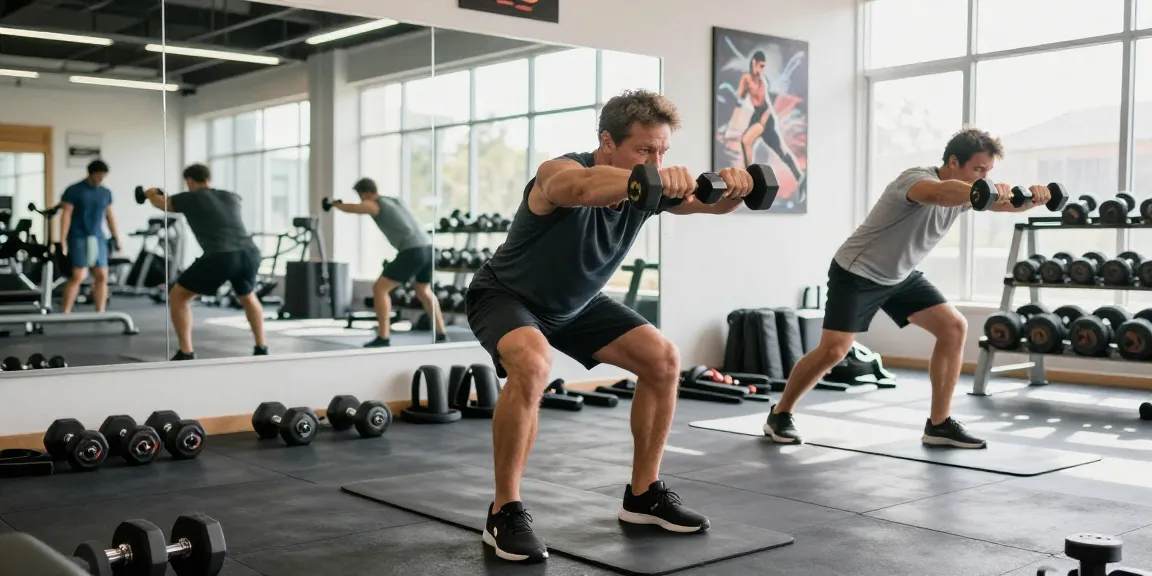 Engagierter Sportler trainiert im Fitnessstudio des Medi Pharma Shops und präsentiert Fitnessprodukte.