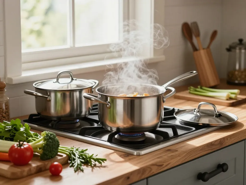 Helle Küche mit GreenKitchen Kochtöpfe kaufen, die frische Zutaten und Kochwerkzeuge hervorhebt.