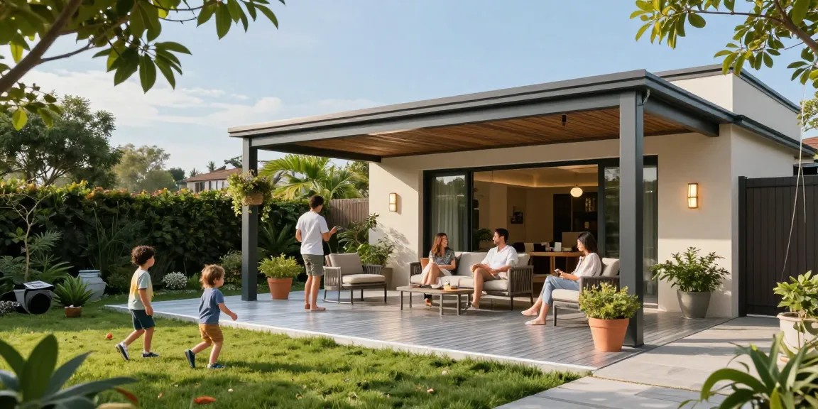 Terrassenüberdachungen in einer modernen Gartenlandschaft mit Familie, die die Freizeit genießt.
