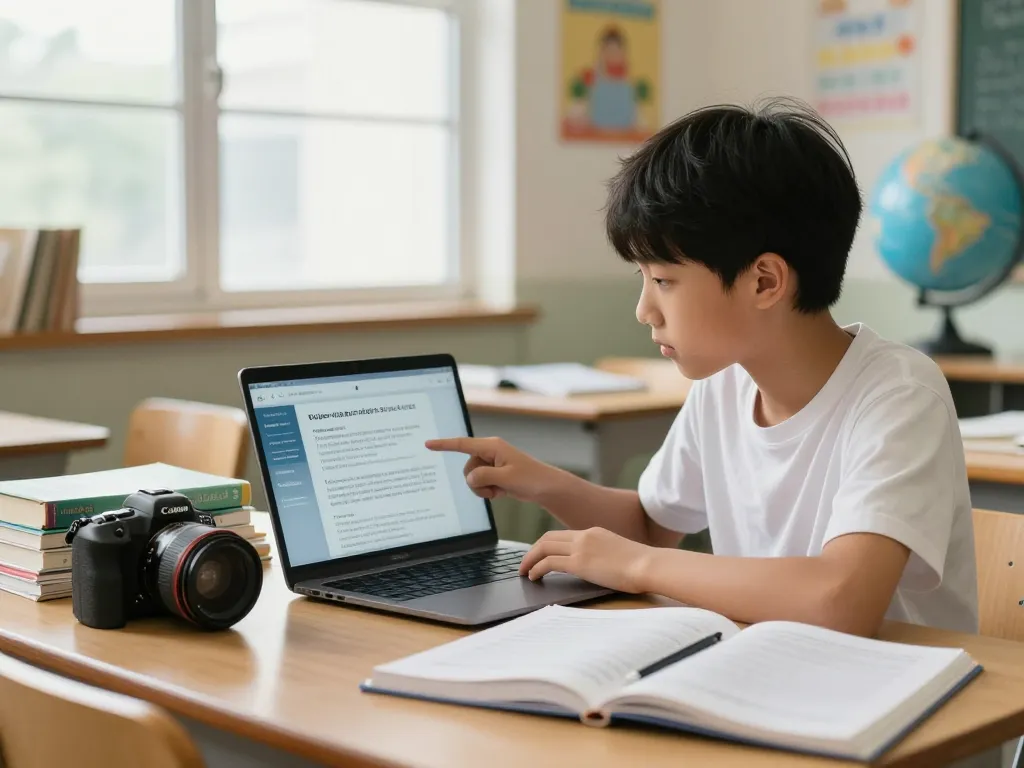 Student, der Hausaufgaben Löser Software zur Unterstützung bei den Hausaufgaben in einem hellen Klassenzimmer verwendet.