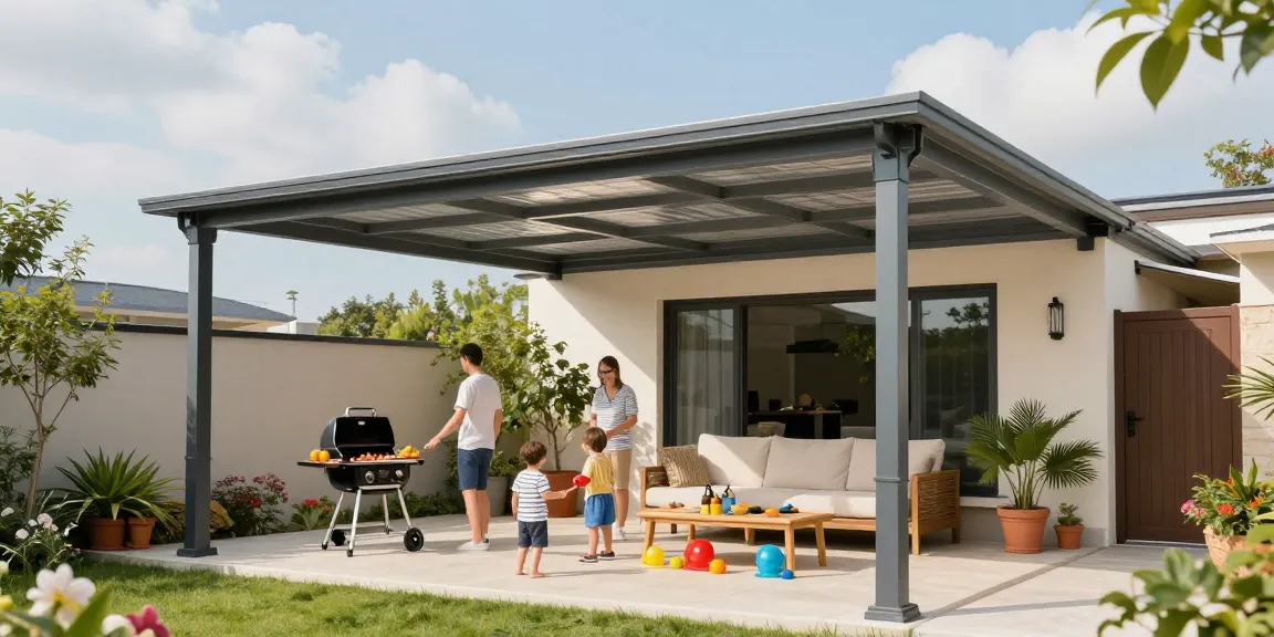 Moderne Terrassenüberdachung mit Familie bei Sonnenschein im Garten.