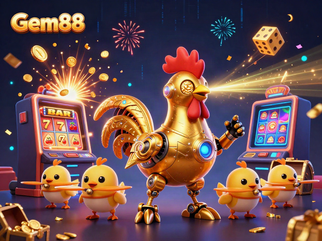 Experience the excitement at Gem88 with a dynamic casino-themed illustration featuring a golden rooster robot and playful chick drones.