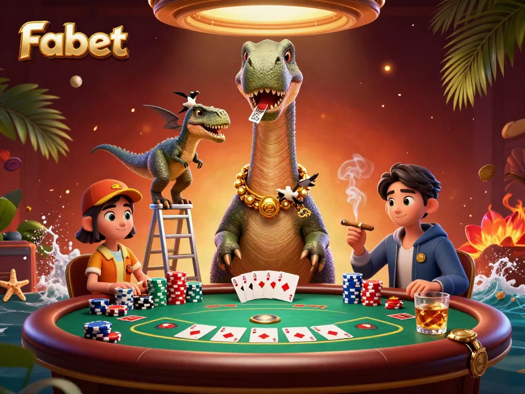 Engage in thrilling gameplay with Fabet's vibrant 3D casino illustration featuring a brontosaurus and clever raptor.