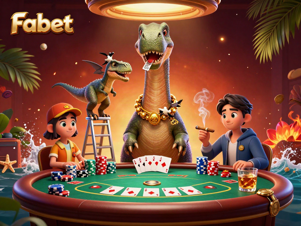 Engage in thrilling gameplay with Fabet's vibrant 3D casino illustration featuring a brontosaurus and clever raptor.
