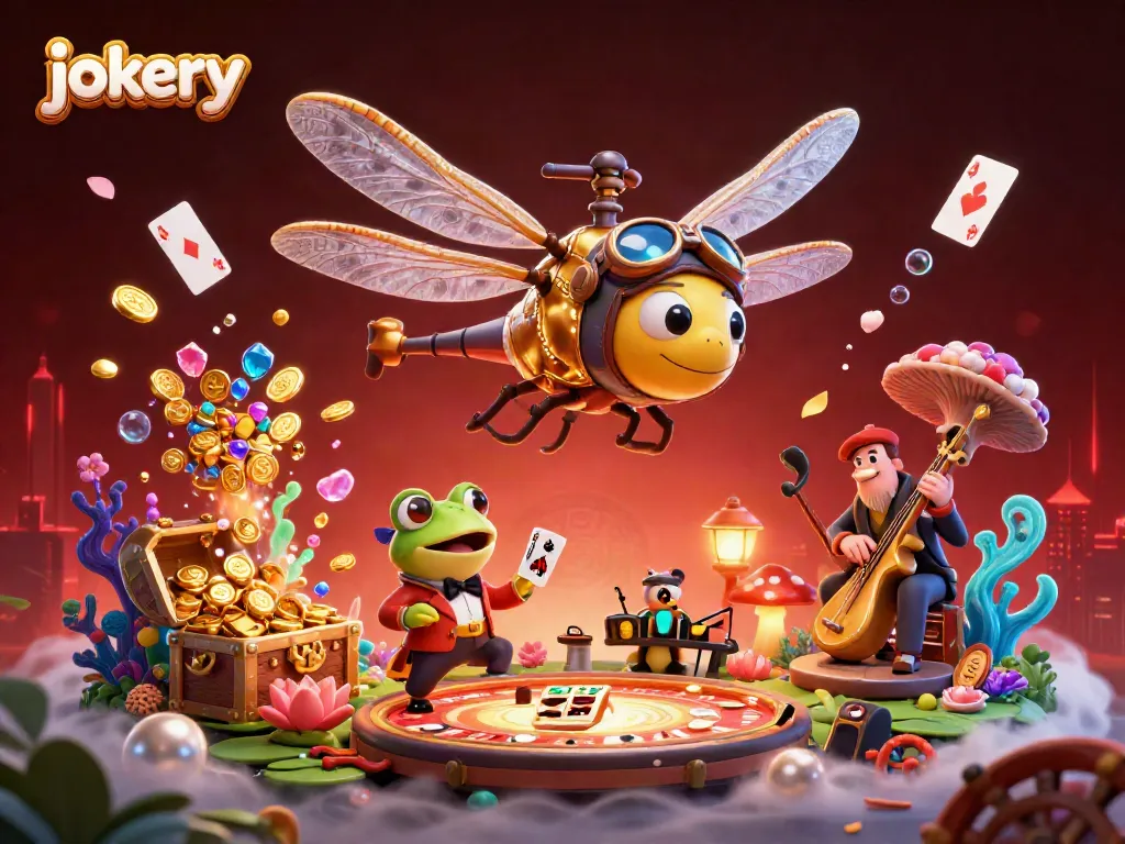 Engage with the jokery experience in this vibrant casino scene featuring a dragonfly pilot, frog dealer, and jazz musicians.