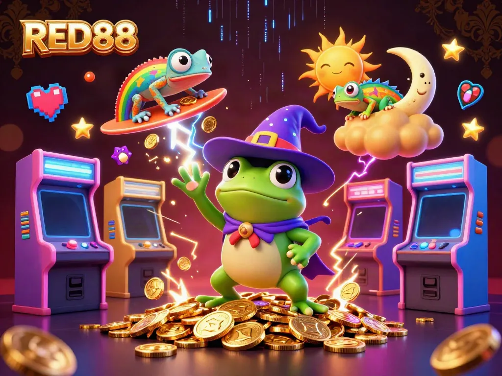 Experience the excitement of gaming at RED88 with vibrant characters, golden coins, and dynamic casino elements.