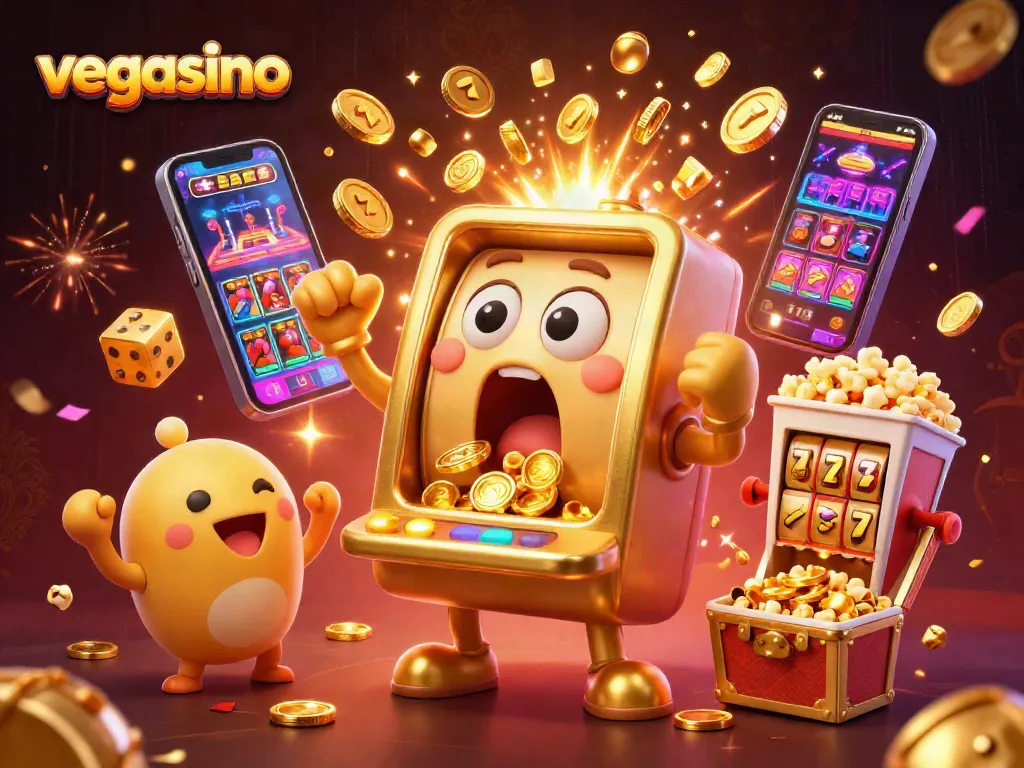Experience exciting wins with the vegasino slot machine surrounded by cheering characters.