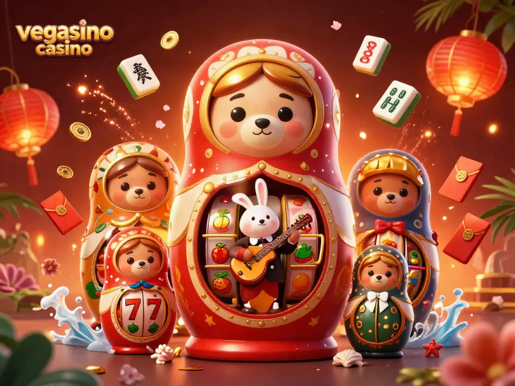 Experience the excitement of vegasino casino with a vibrant scene of cartoon bears, slot reels, and festive elements.