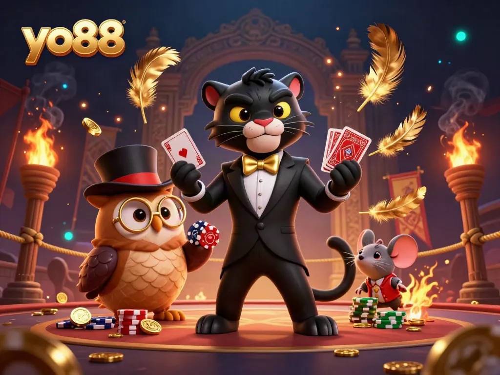 yo88's stylish panther dealing cards amidst a vibrant casino scene filled with dynamic elements.