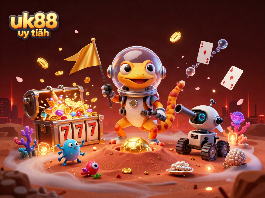 Experience the thrill of uk88 uy tín with vibrant slots, golden treasures, and a cartoon Martian gecko exploring a cosmic casino.