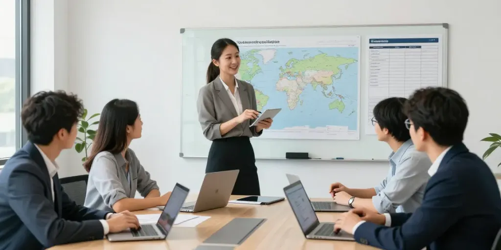 OCARGO Stuttgart: Team arbeitet an internationalen Transportstrategien in modernem Büro.