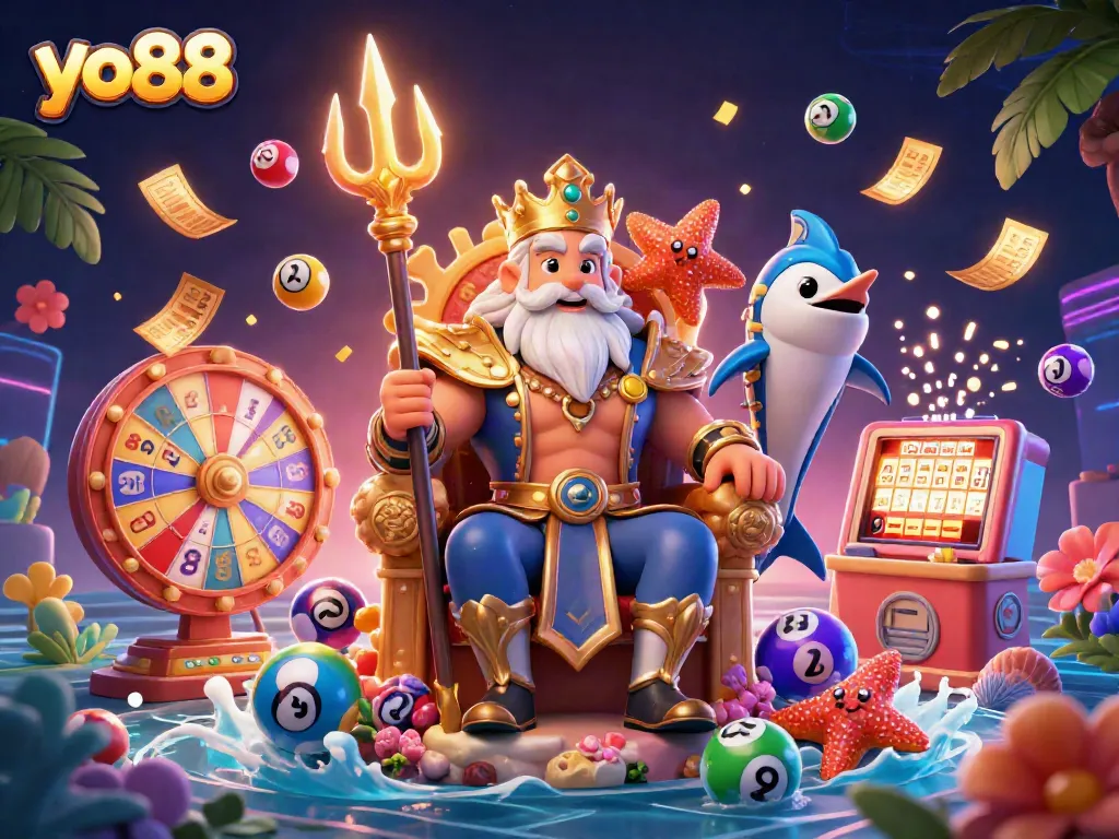 Experience the thrill of yo88 with Neptune, lottery balls, and vibrant casino elements.