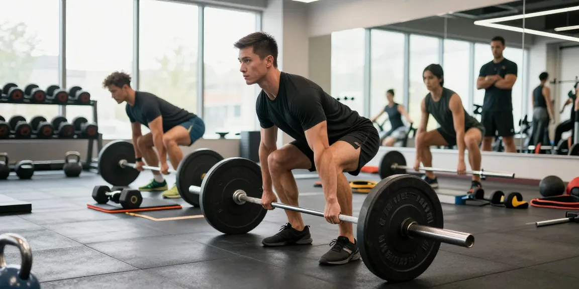 Besucher im Global Pharma Steroid Shop im Fitnessstudio beim Deadlift-Training.