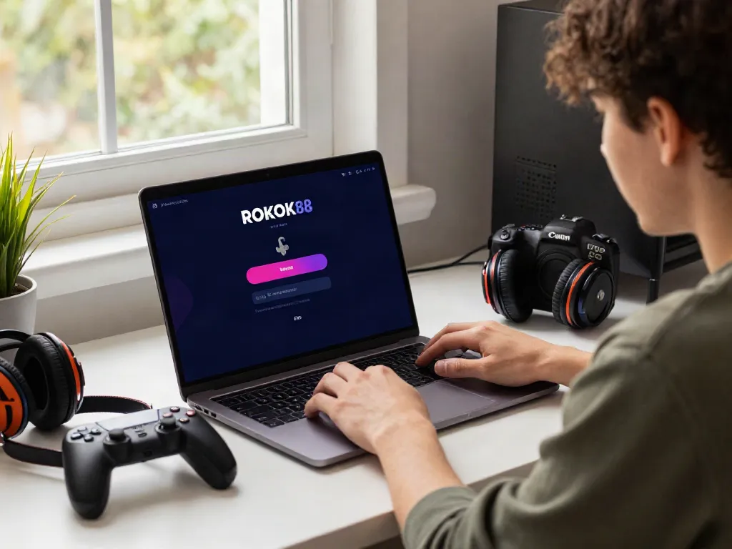 rokok88 login screen displayed on a laptop with a user interacting in a modern gaming setup