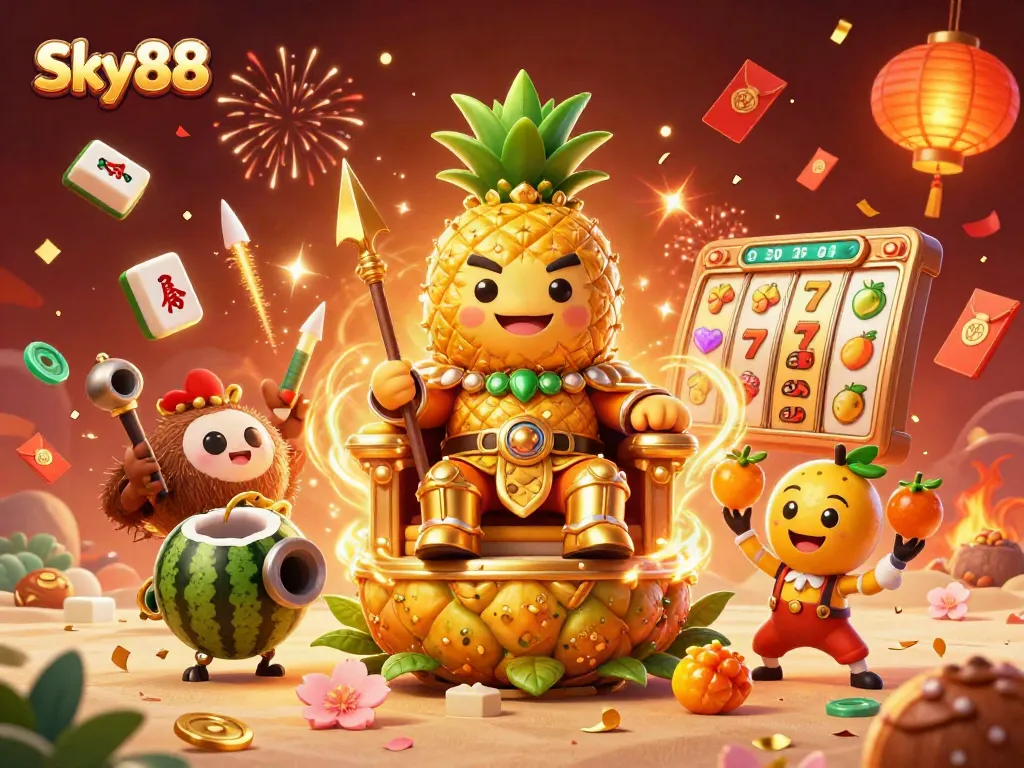 Experience thrilling casino action at Sky88 with a vibrant 3D illustration of a golden pineapple king and colorful game elements.