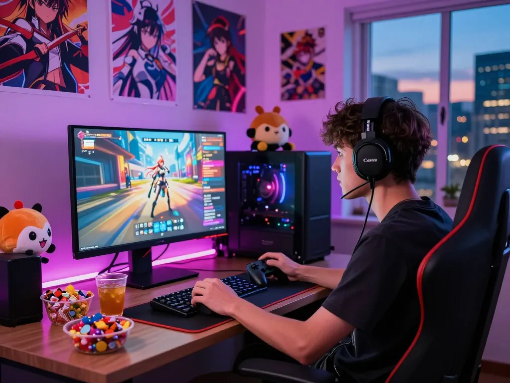 Young man enjoying a hentai game on his computer, excited amidst anime decor and snacks.