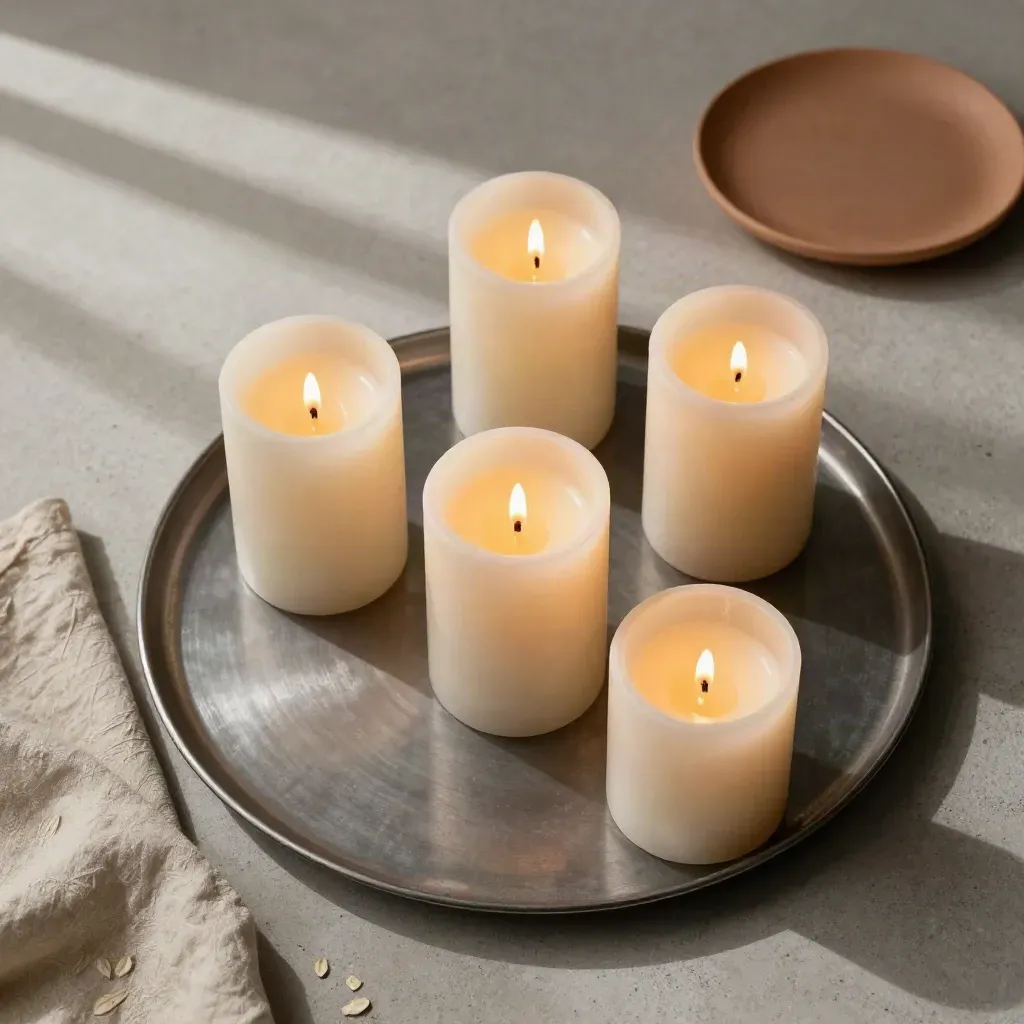 Drei LED-Kerzen auf dunklem Tablett mit Tonplatte und Leinenrest, von oben fotografiert.