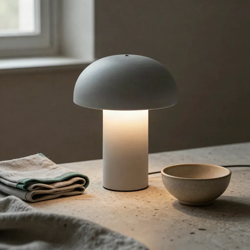 Makro einer matten Tischlampe mit Steinblock, Leinen und Tonschale im warmen Licht.