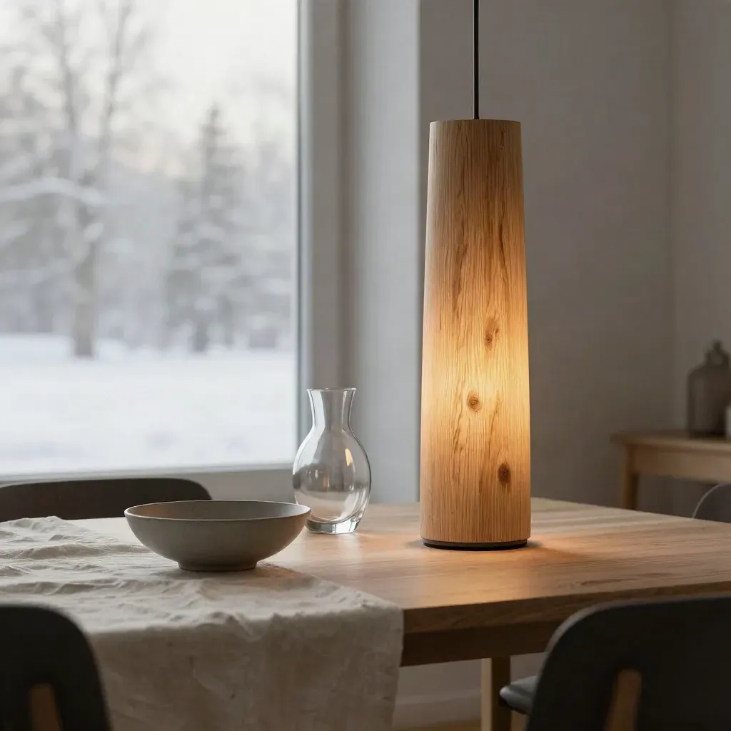 Holz-Pendellampe über Eichen-Tisch mit Leinen, Schale, Glas und Stuhlkante im Morgenlicht
