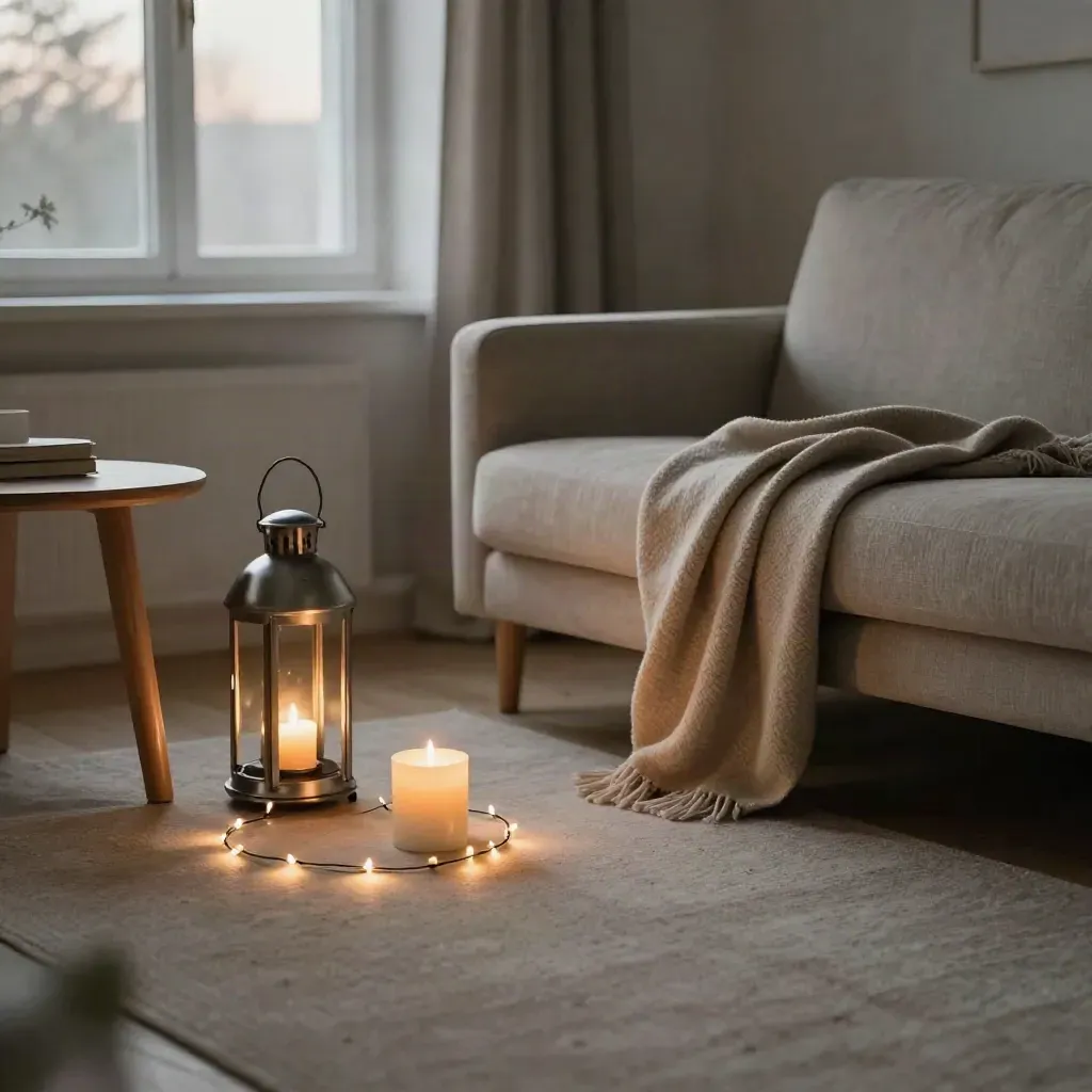 Leuchtende Lichterkette, Kerze und Laterne neben Sofa und Wolldecke im gemütlichen Wohnzimmer