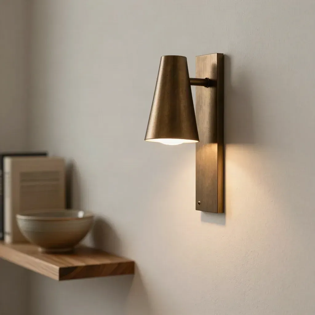 Wandleuchte an heller Wand neben Regal und Keramikschale, mit warmem Lichtkegel