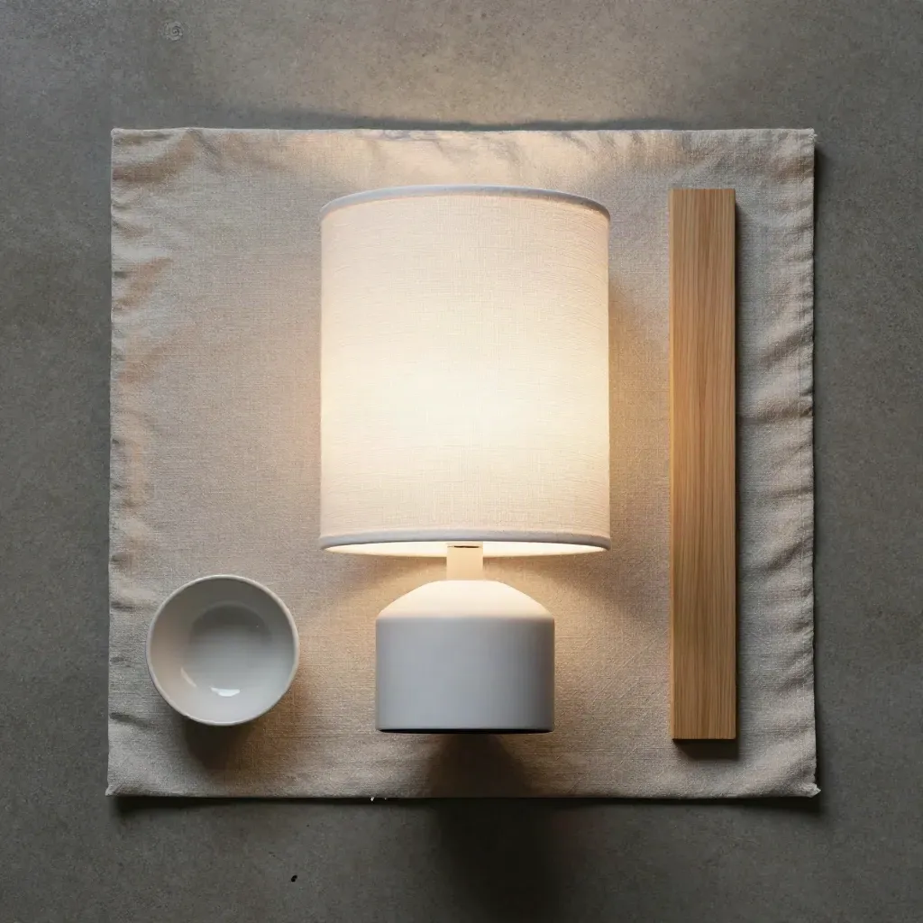 Weiße Tischlampe, Stoffrest, kleine Keramikschale und Holzleiste von oben auf Beton.