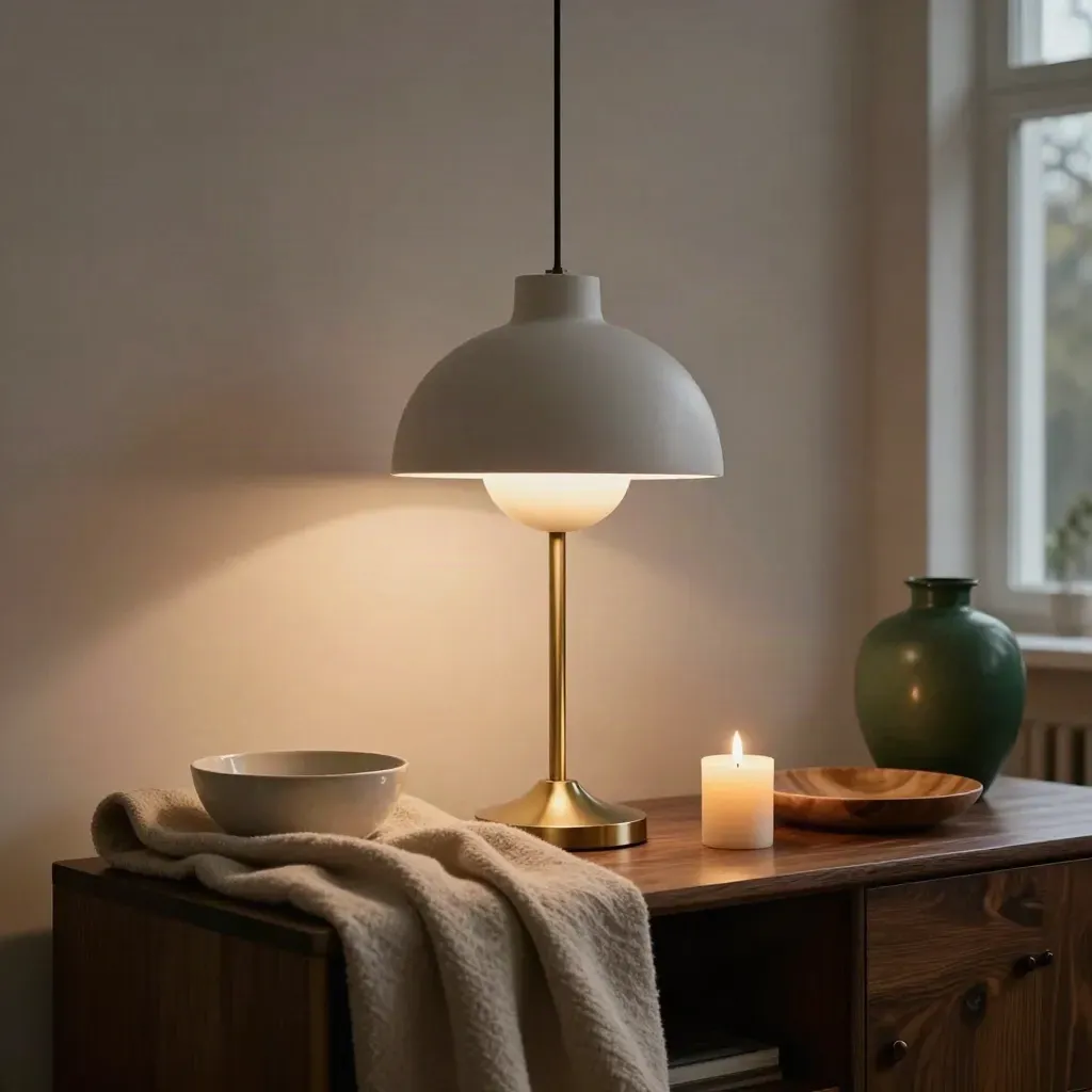 Pendelleuchte, Tischlampe und Kerze auf dunklem Sideboard im warmen Wohnzimmerlicht