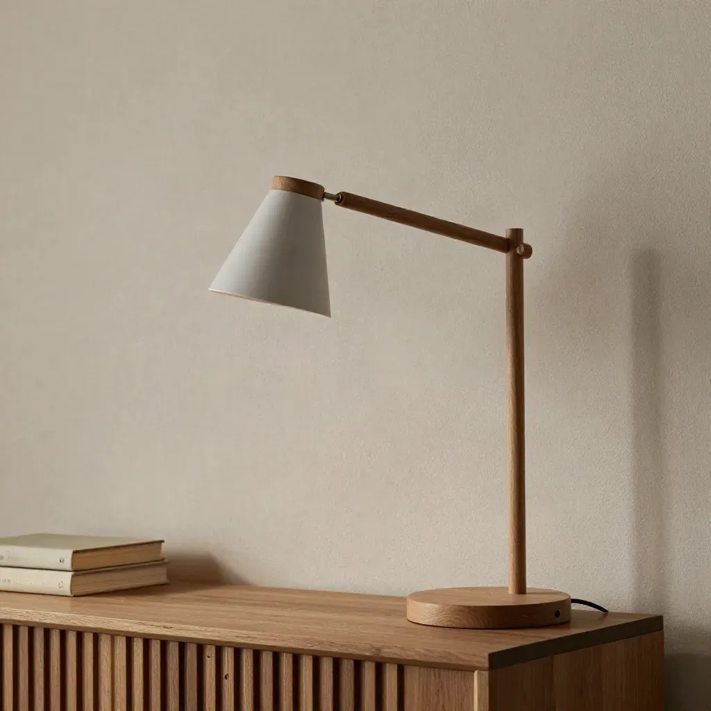 Holzwandlampe mit schwenkbarem Arm vor rauem Putz und Bücherstapel im Schatten.