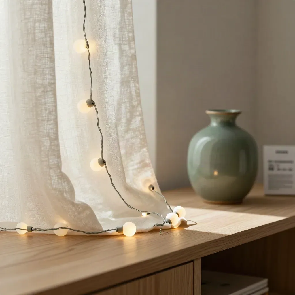 Lichterkette am Vorhang mit Konsole und Vase in ruhigem, hellem Wohnraum