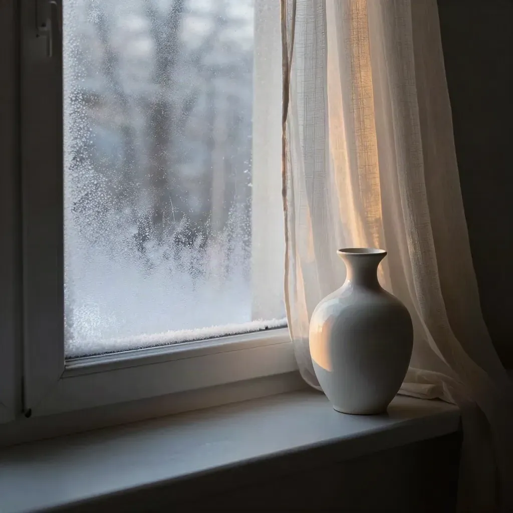 Fensterlicht am frostigen Fenster mit Gardine, Keramikvase und warmem Licht