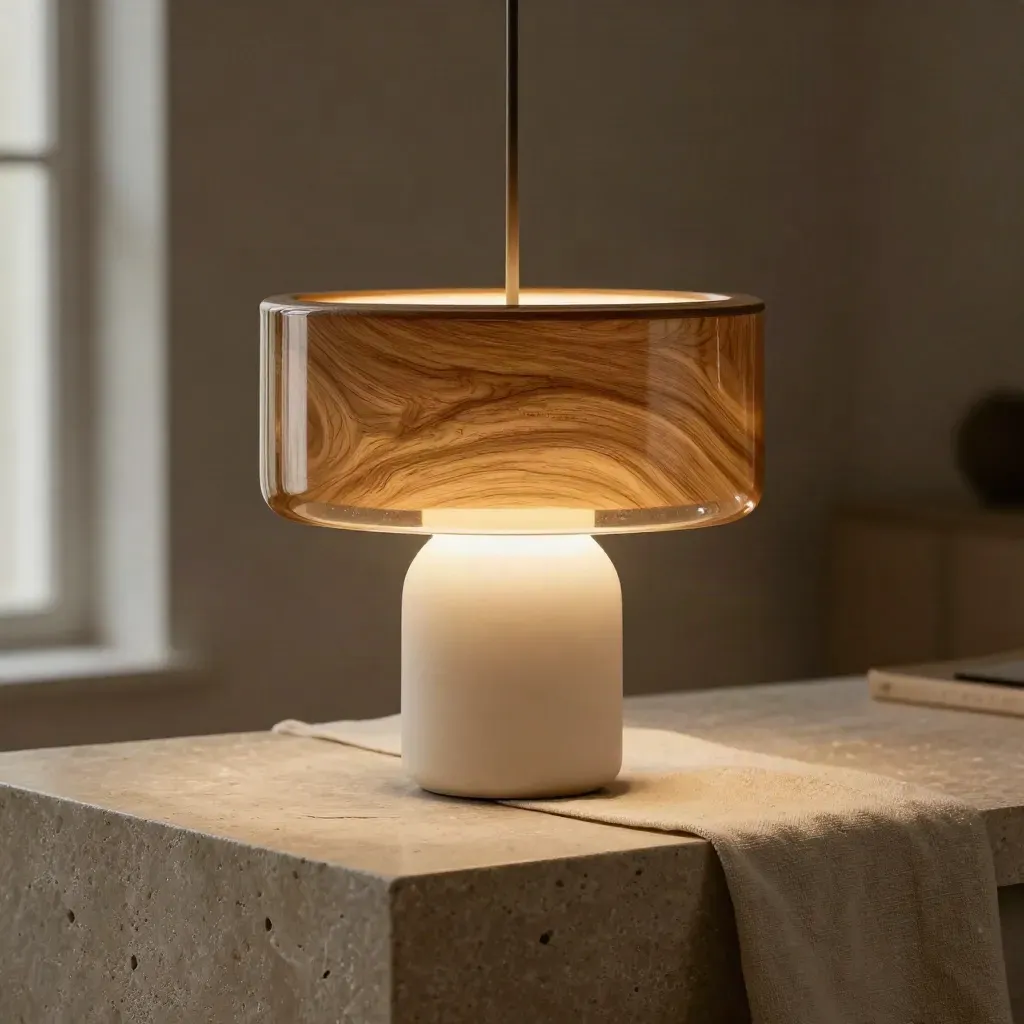 Makro der Hängelampe aus Eiche und Glas über einer Steininsel mit warmem Licht.