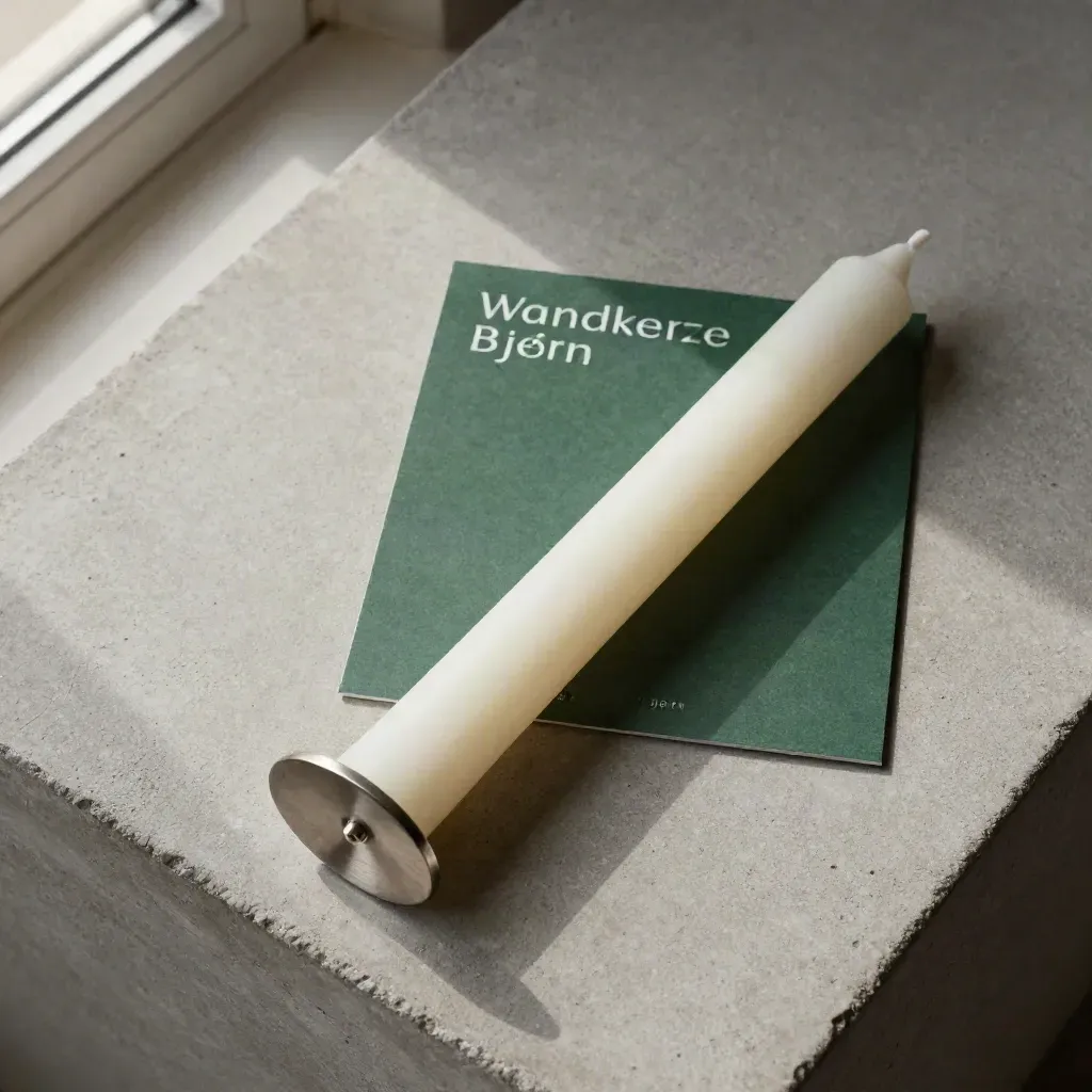 Wandkerze mit Steinprofil, Wollrest und Metallkante auf hellem Beton, von oben arrangiert