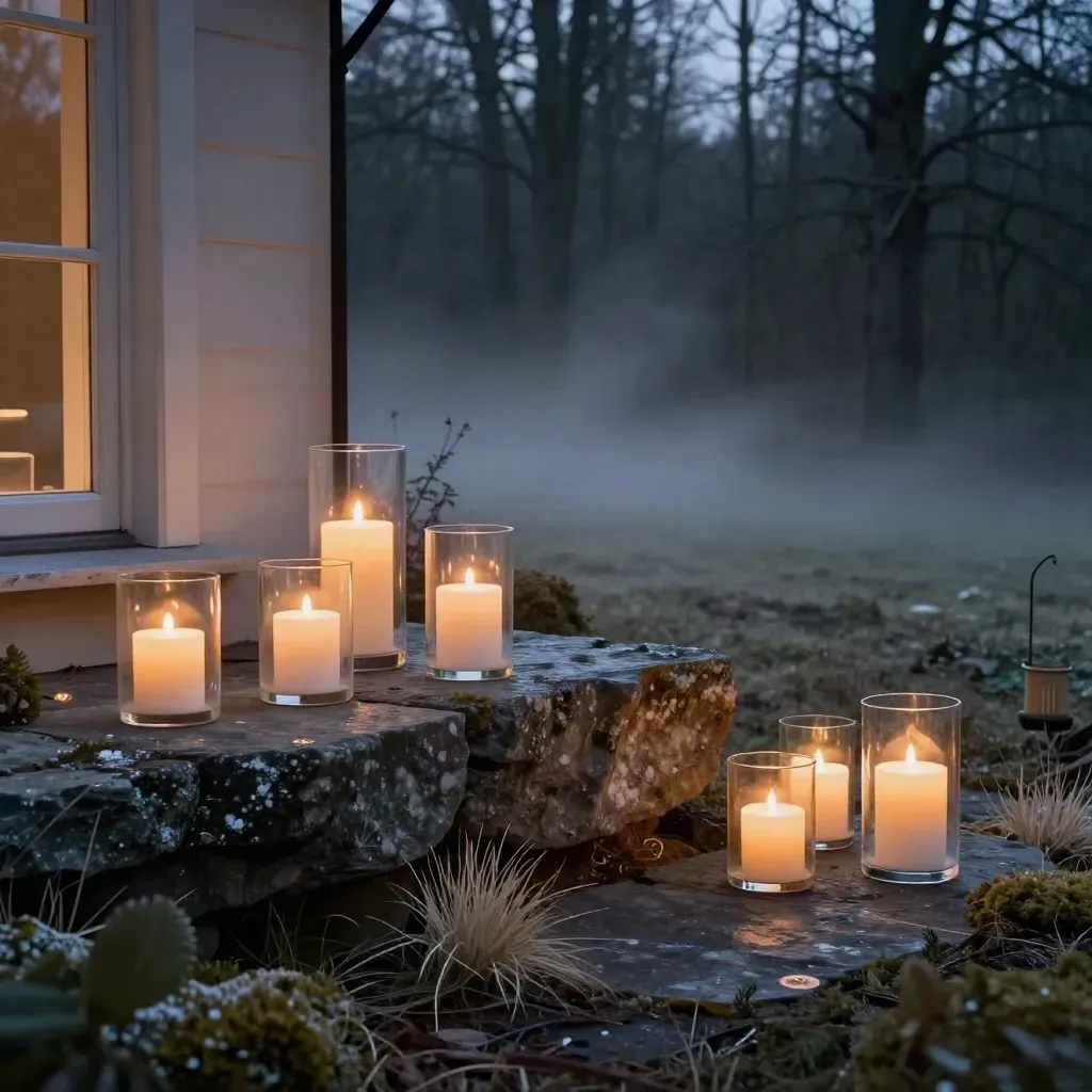 LED-Kerzen auf einer Steinplatte im winterlichen Garten bei blauer Stunde und Nebel