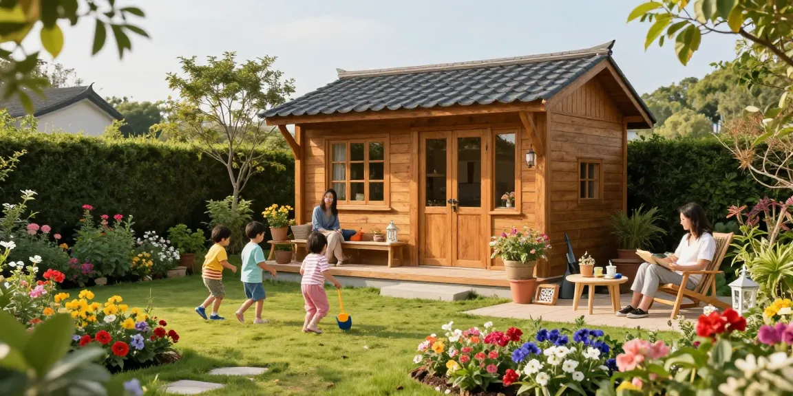 Gartenhaus kaufen: Traditionelles Holz-Gartenhaus im blühenden Garten mit spielenden Kindern und dekorativen Elementen.