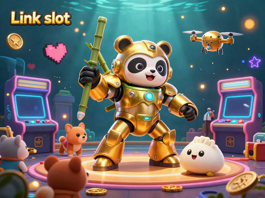 Experience the thrill of link slot with a mech-suit panda in vibrant casino illustration.