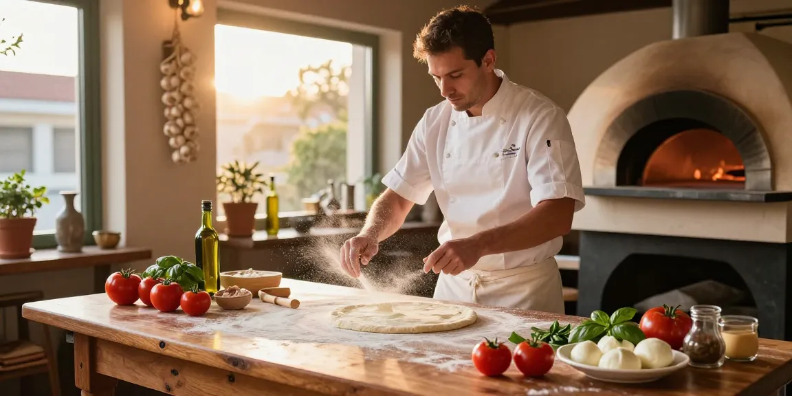 Delicious Italian pizza-making scene featuring fresh ingredients and the chef showcasing pg soft dough skills.