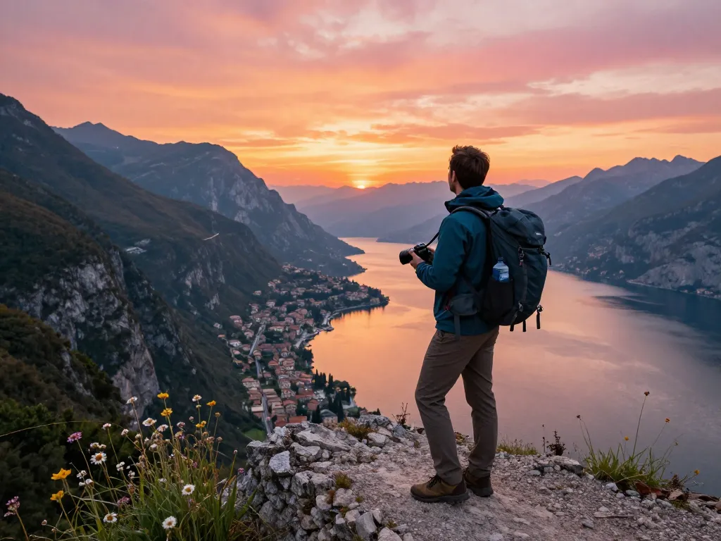 Reisetipps Gardasee Reisender genießt den Sonnenuntergang über dem See mit Ausrüstung.