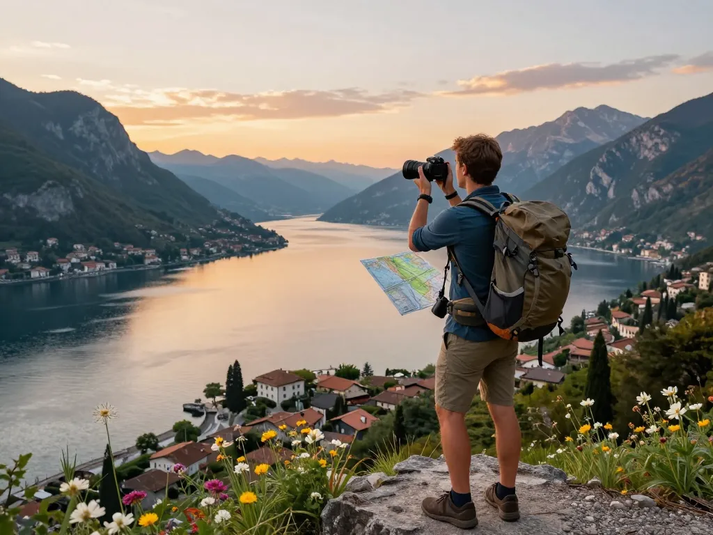 Gardasee Reisetipps: Reisender am Aussichtspunkt des Gardasees während der goldenen Stunde, der die malerische Landschaft einfängt.