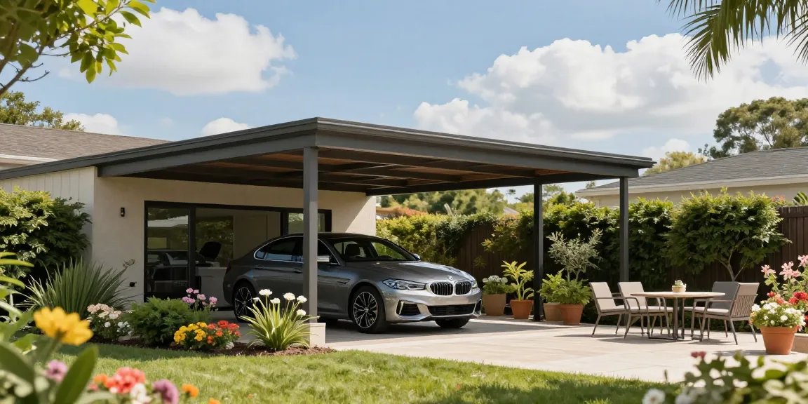 Moderne Carport-Installation mit elegantem Fahrzeug in ländlicher Umgebung.
